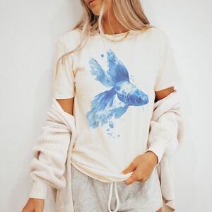 Abstract Fish Graphic Tee Blue Watercolor Paint Art Design